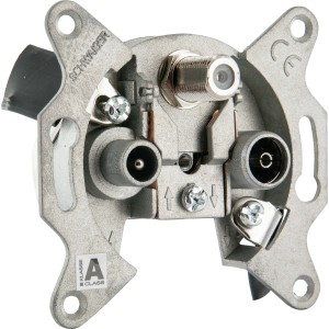 Schwaiger Antennensteckdose 3-Loch, Detailansicht der Anschlüsse für SAT, TV und Radio.