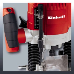 Einhell Oberfräse TC-RO 1155 E, Detailansicht der Frästiefeneinstellung und des Handgriffs.