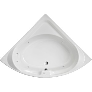 Weiße Laguna Eckwanne 136x136 cm mit Whirlpoolsystem und Chrom-Details.