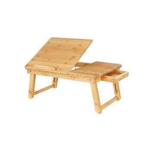 Naturfarbener Songmics Laptoptisch aus Bambus mit verstellbarer Platte und kleinem Schubfach.