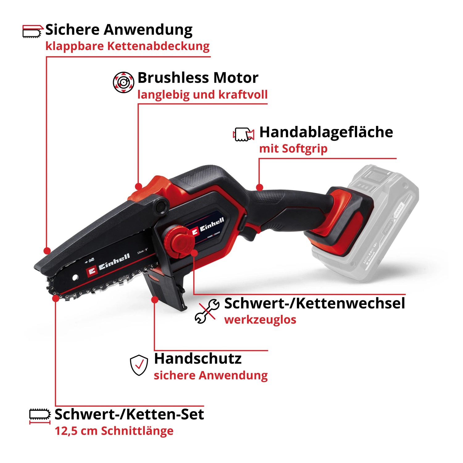 Einhell Akku-Kettensäge GE-PS 18/15 Li BL-Solo: Kompakte Akku-Astkettensäge in Rot/Schwarz.