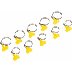 Set aus 10 Schlauchklemmen mit gelben Flügelmuttern zur einfachen Schlauchbefestigung.