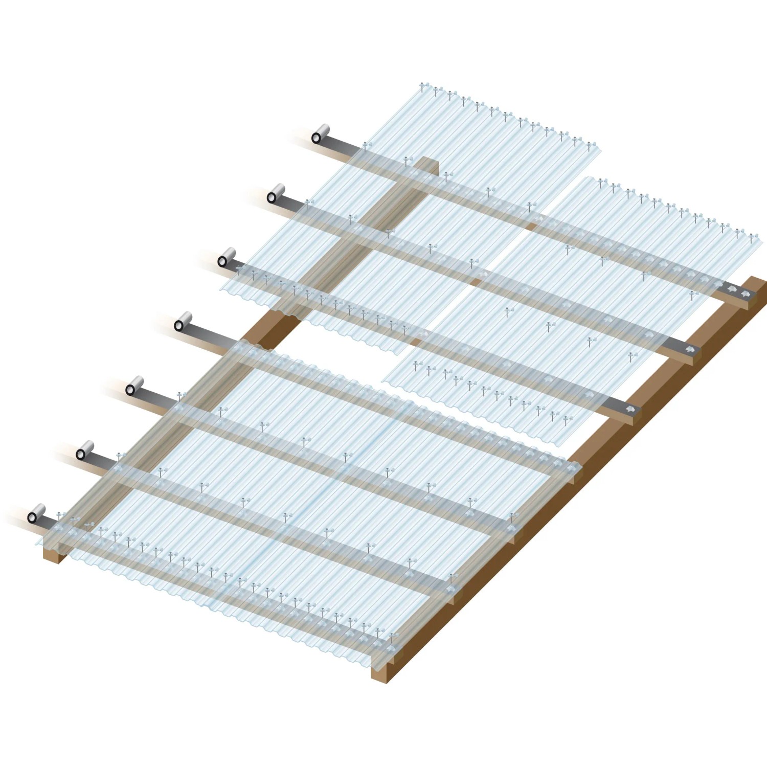 Transparente PVC-Trapezplatten 70/18 als Bedachung auf Holzkonstruktion.