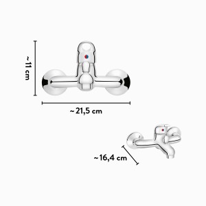baliv Wannenarmatur WA-5010 Chrom, Aufputz-Mischbatterie mit S-Anschlüssen und Rosetten, Maße eingezeichnet.