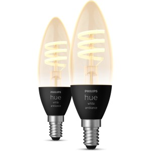 Zwei Philips Hue E14 Filament Kerzen im Doppelpack. Vintage-Look, dimmbar und warmweiß bis kaltweiß.