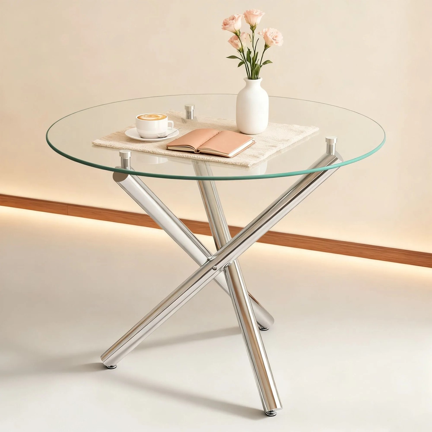 okwish Esstisch mit Glas Metall Wohnzimmer Rundtisch 80x80x76cm Silberfarben_4