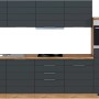 Moderne Küchenzeile in Grau-Wotaneiche Optik mit E-Geräten, 300 cm breit.