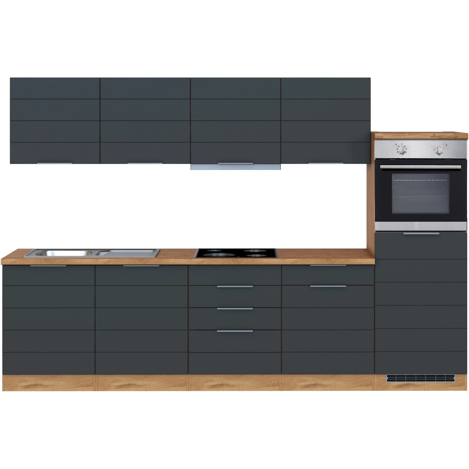 Moderne Küchenzeile in Grau-Wotaneiche Optik mit E-Geräten, 300 cm breit.