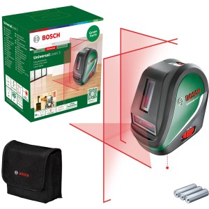 Bosch UniversalLevel 3 Kreuzlinienlaser mit 3 Laserlinien, inkl. Tasche und Batterien.