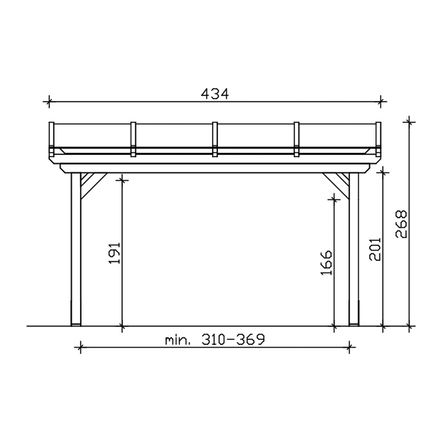 Technische Zeichnung der weißen Skan Holz Terrassenüberdachung Sanremo 434x250 cm aus Leimholz.
