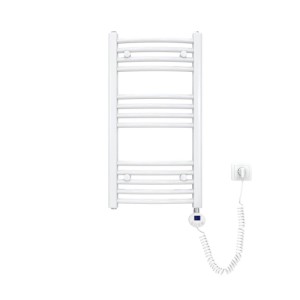 Weißer, gebogener Emke Badheizkörper 75x40cm mit Thermostat und Heizstab. Elektrischer Handtuchtrockner.
