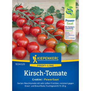 Kiepenkerl Kirschtomate Crokini Samen mit roten, reifen Tomaten am Zweig.