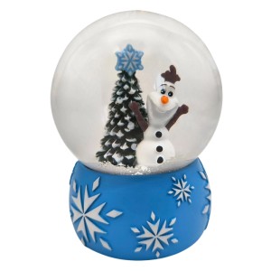 Olaf Schneekugel mit Weihnachtsbaum, blauem Sockel und Schneeflocken. Festliche Disney Weihnachtsdekoration.