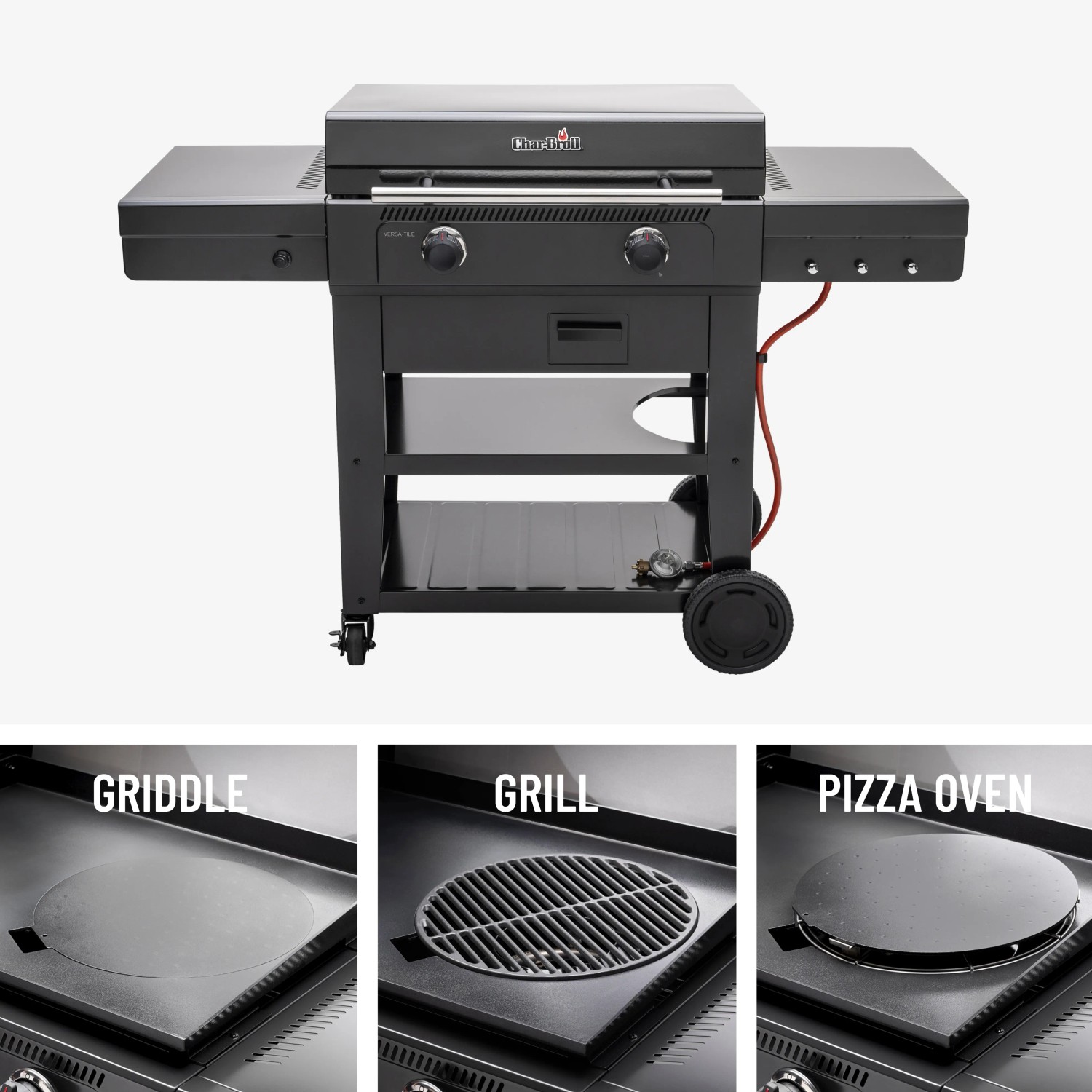 Char-Broil Versa-Tile Gasgrill mit Grill-, Griddle- und Pizzafunktion, Ablageflächen und Rädern.