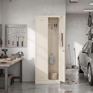 Cremeweißer HOMCOM Werkzeugschrank aus Stahl, offen in Garage. Bietet Stauraum für Putzmittel, Mopp und Werkzeuge. Ideal für Werkstatt-Ordnung.