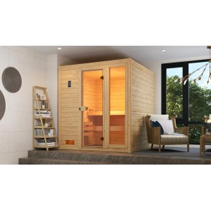 Weka Massivholzsauna Valida 3 Sparset mit Glastür und Fenster, naturbelassenes Fichtenholz.