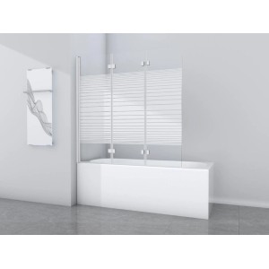 Aurlane Badewannenfaltwand White Stripes, 3-teilig, 140x140 cm, mit weißem Rahmen und horizontalem Streifendekor.