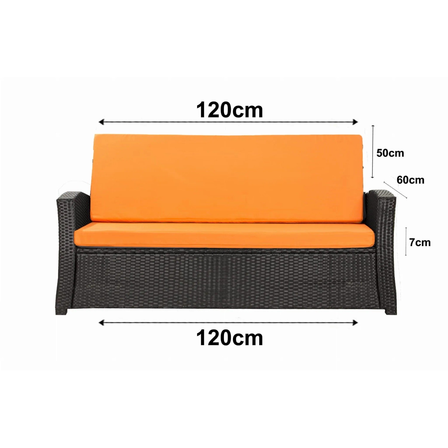 Orangefarbenes Gartenkissen-Set 120x60 für Polyrattan-Möbel, 2-Sitzer Sofa.