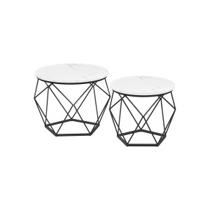 Vasagle Couchtisch 2er Set, rund, weiß-schwarz, mit geometrischem Stahlgestell.