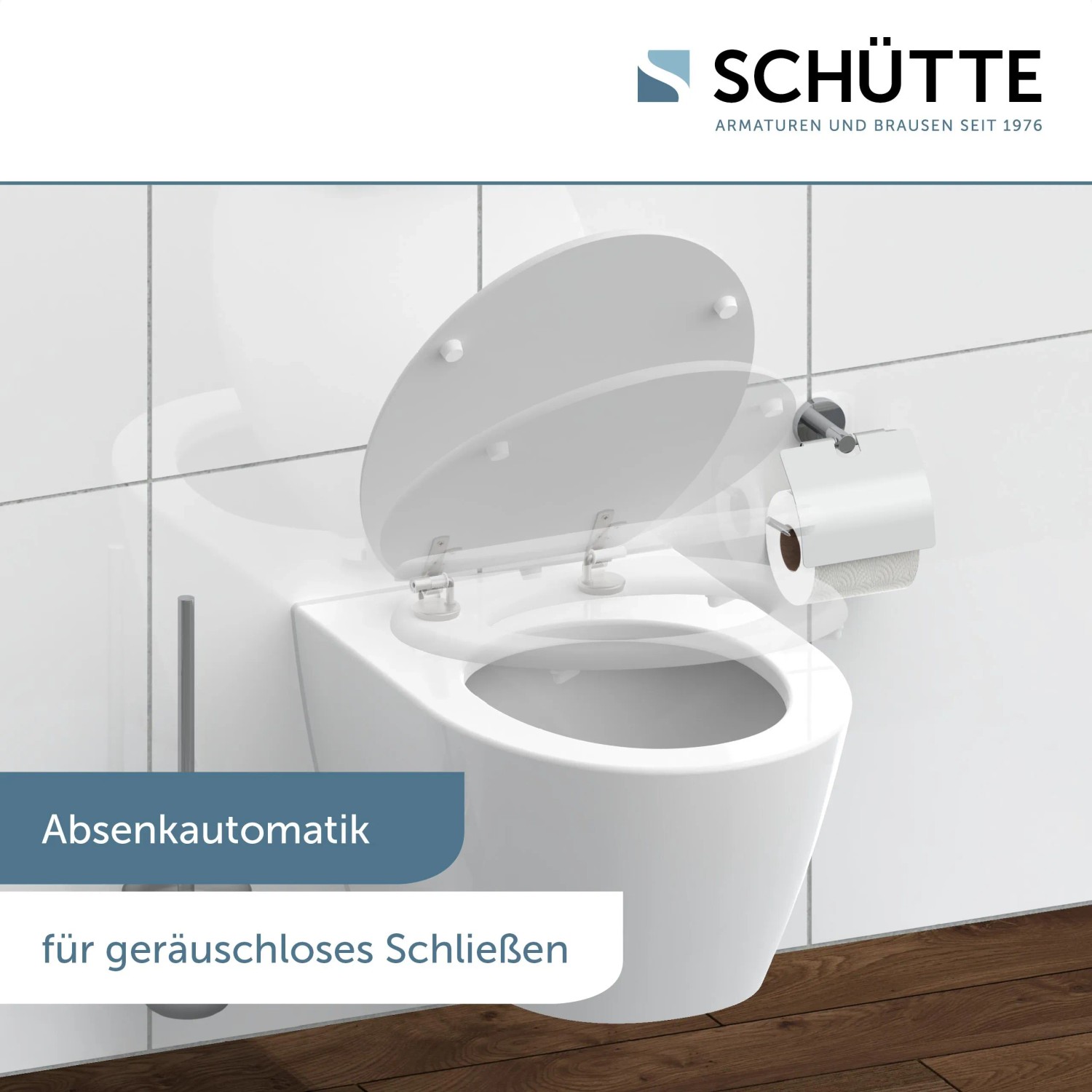 Schütte WC-Sitz White mit Absenkautomatik auf einer Toilette montiert.