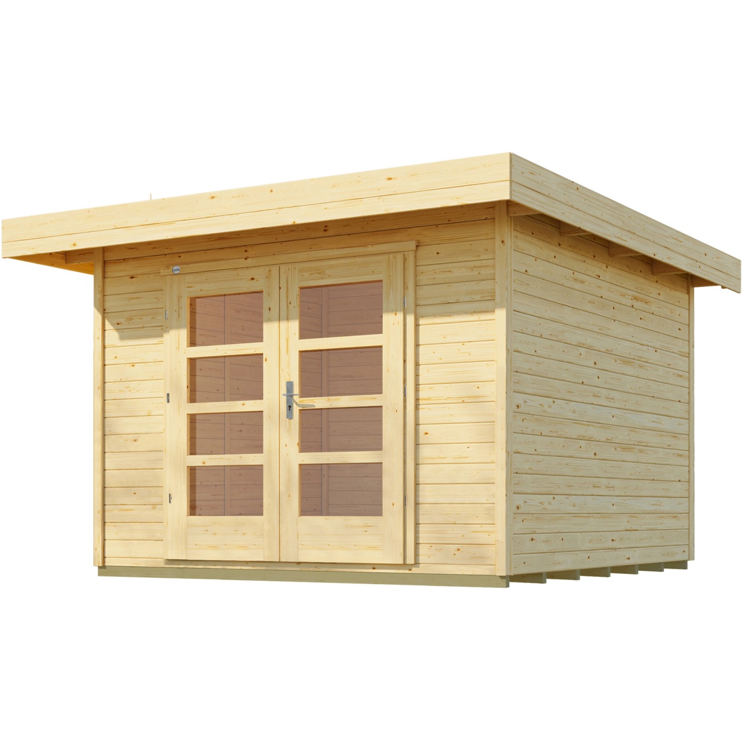 Unbehandeltes Weka Holz-Gartenhaus mit Flachdach und Doppeltür.