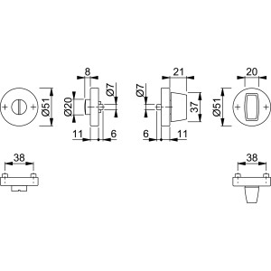 Technische Zeichnung: Bad- und WC-Schlüsselrosette, Edelstahl matt, Maße und Details.