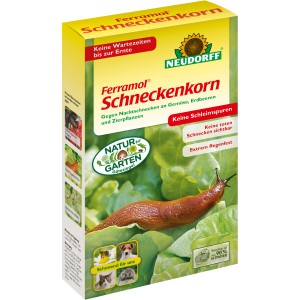 Verpackung Neudorff Ferramol Schneckenkorn 1 kg mit Schnecke auf Salatblatt.