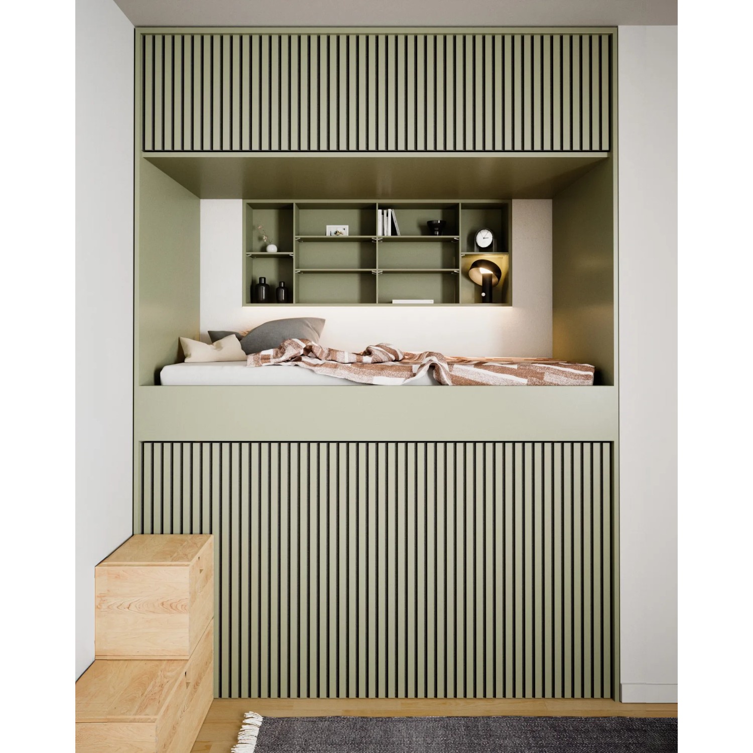 Olive Akustikpaneel mit Linoleum und schwarzem Filz für Wand- und Deckenverkleidung, 60x240 cm.