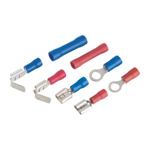 Kabelverbinder-Sortiment, 50-teilig, isolierte Flachsteckhülsen, Ringkabelschuhe und Stoßverbinder in Rot und Blau.