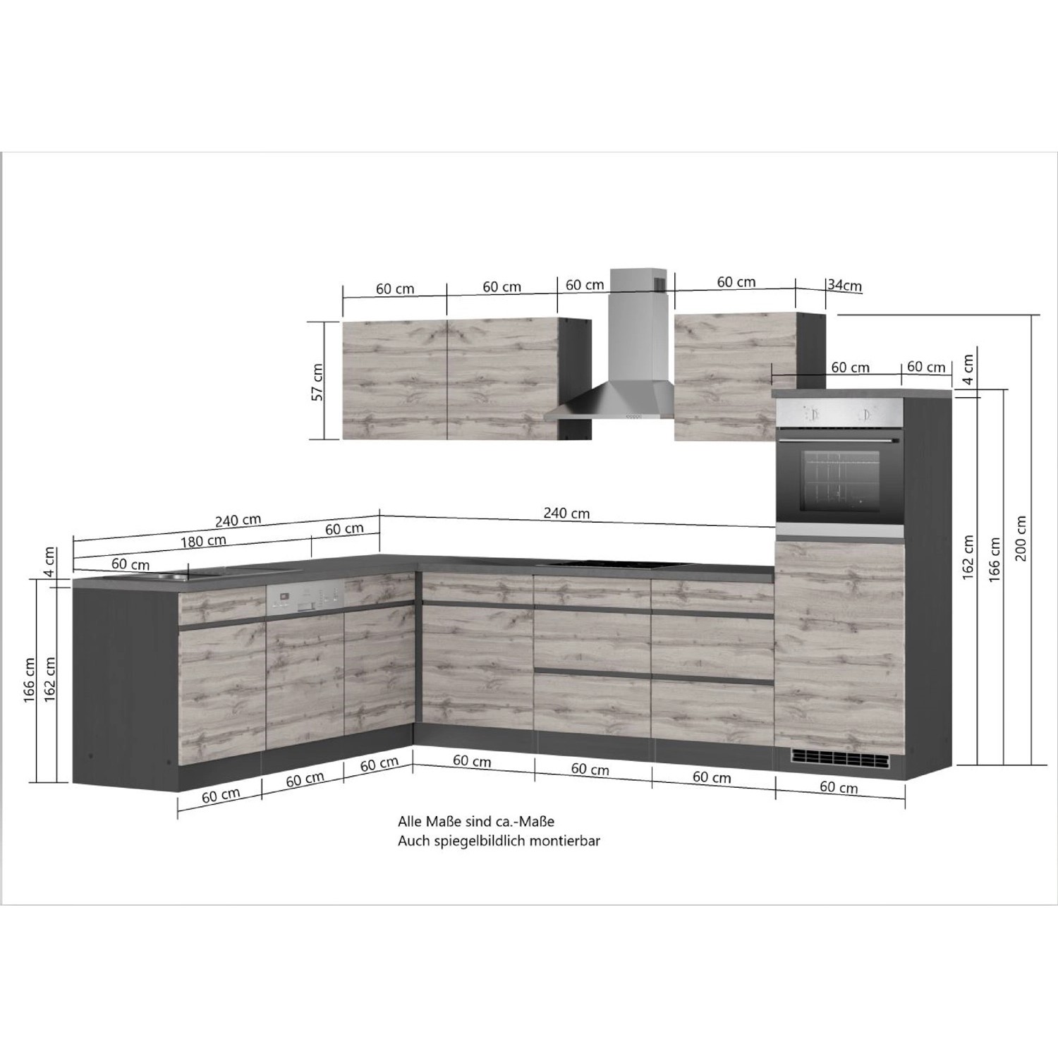 Held Möbel Winkelküche Turin, 300x240 cm, Graphit-Wotaneiche, mit E-Geräten, Maßangaben.