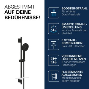 Grohe Vitalio Joy+ Brausestangen-Set mattschwarz mit Handbrause, Duschstange und Ablage. Zeigt 3 Strahlarten & Montagevorteile.