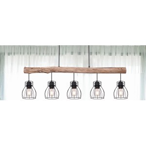 Globo Pendelleuchte Mina mit Holzbalken und 5 schwarzen Lampenschirmen.