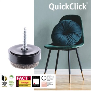 Wagner Filzgleiter QuickClick Ultrasoft Slim, 12-teilig, Ø 17mm, schwarz-grau, mit Stuhl im Hintergrund.