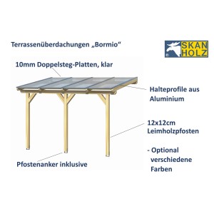 Skan Holz Terrassenüberdachung Bormio aus Leimholz mit klarer Doppelstegplatte und Pfosten