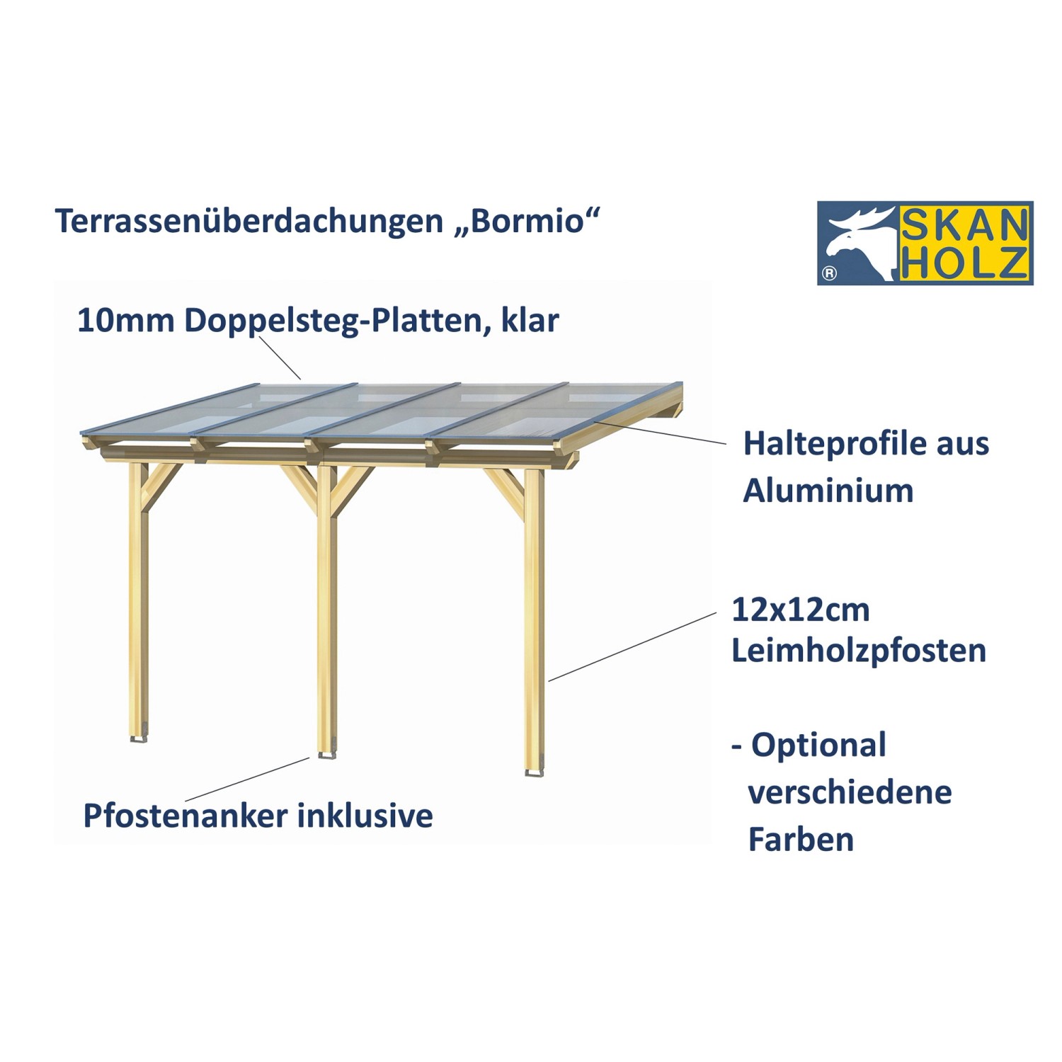 Skan Holz Terrassenüberdachung Bormio aus Leimholz mit klarer Doppelstegplatte und Pfosten