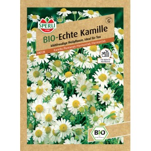 Samenpackung Sperli Bio Echte Kamille mit weißen Blüten und gelber Mitte. Heilpflanze für Tee.