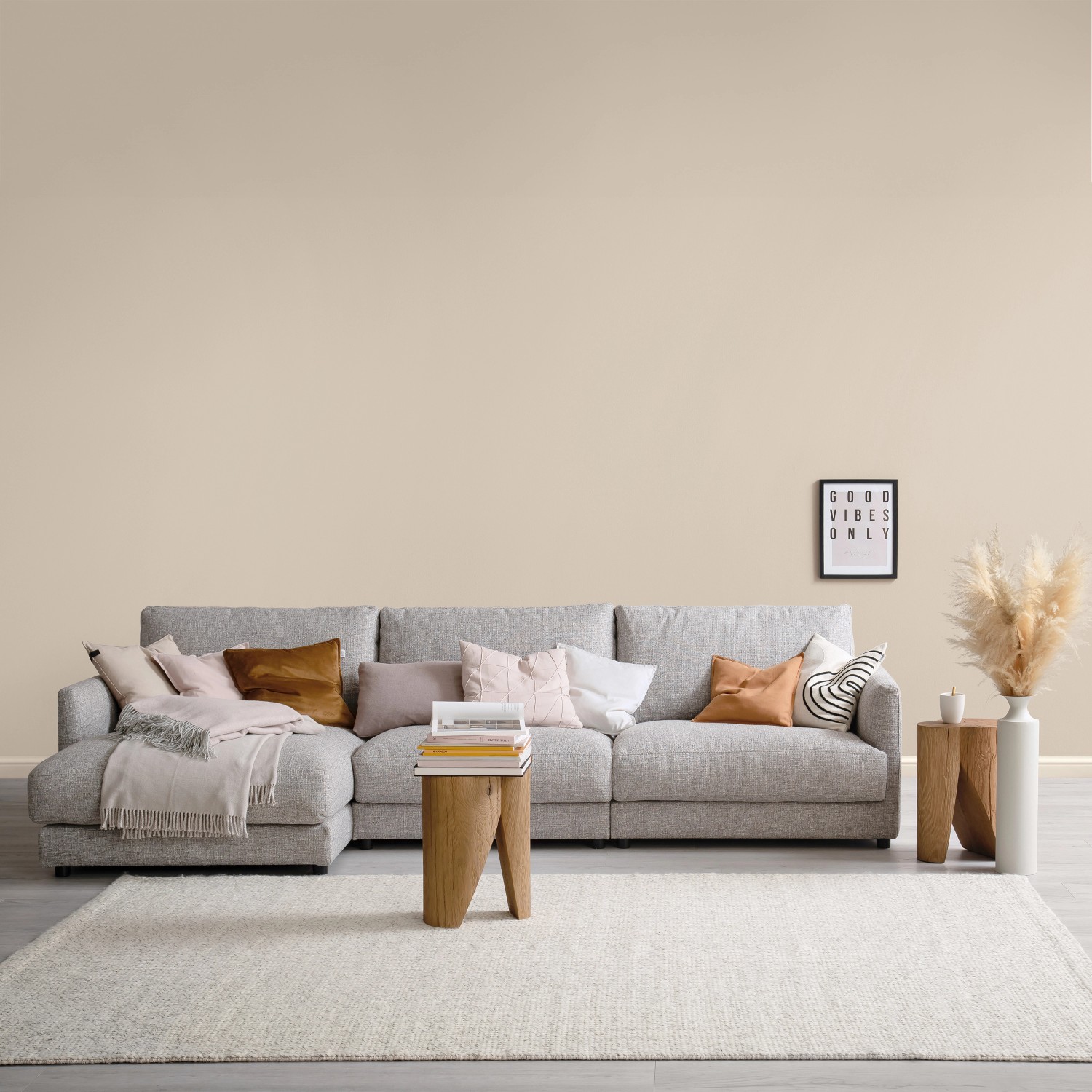 Wohnraum mit Schöner Wohnen Wandfarbe Cosy Beige, matte, gestrichene Wand.