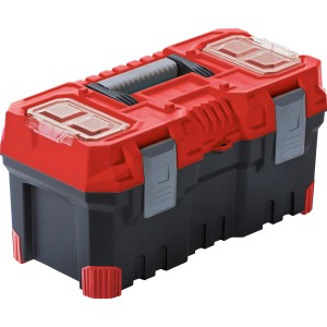 Werkzeugbox aus Kunststoff, rot/schwarz, mit Trageeinsatz und transparentem Organizer im Deckel.