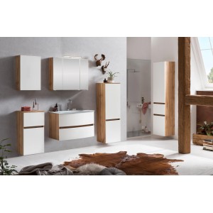 Held Möbel Waschtisch-Set Salerno, 80 cm, Weiß/Wotaneiche mit Glasbecken und Spiegelschrank.