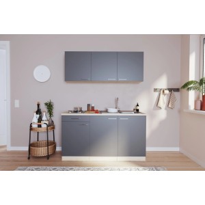 Respekta Singleküche Luis 150 cm in Grau-Eiche sägerau mit Kochmulde und Ober-/Unterschränken.
