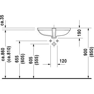 Technische Zeichnung Duravit D-Code Einbauwaschbecken, 59 cm, mit Maßangaben.
