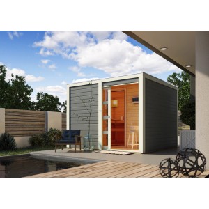 Karibu Saunahaus Jasper mit Ofen und Steuerung, graue Außenwände, Schiebetür mit Milchglas.