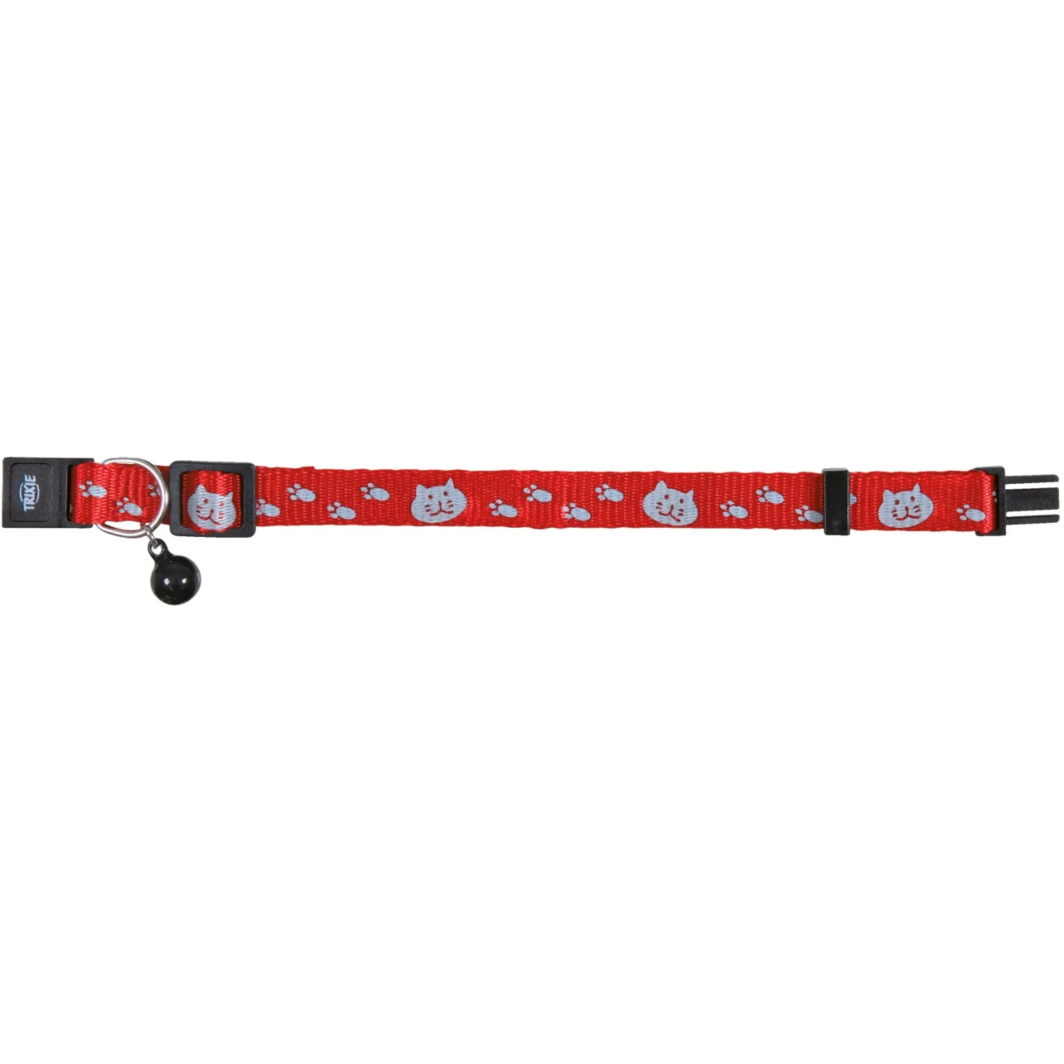 Rotes Trixie Katzenhalsband aus Nylon, reflektierend mit Katzenmotiven und Glöckchen.