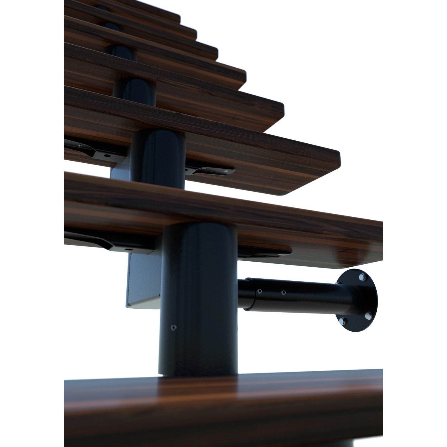 Detailansicht der Minka Mittelholmtreppe Comfort Top in Walnuss/Schwarz, Innentreppe mit Holzstufen und schwarzem Metallgeländer.