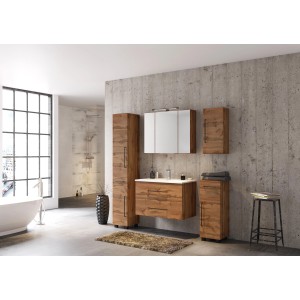 Held Möbel Waschtisch-Set Rom 80 cm in Wotaneiche mit Spiegelschrank und Mineralgussbecken.