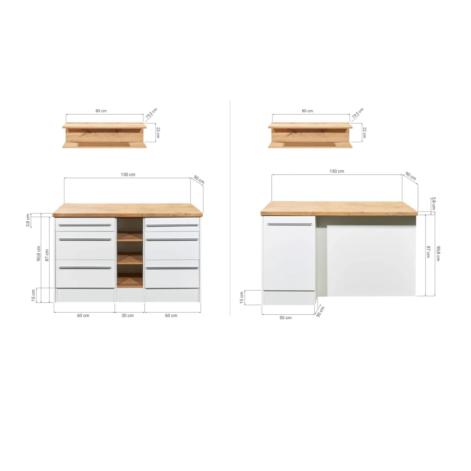 Respekta Kücheninsel Gabriel, 150 cm, Grau Hochglanz, ohne E-Geräte, mit Maßen und Details.
