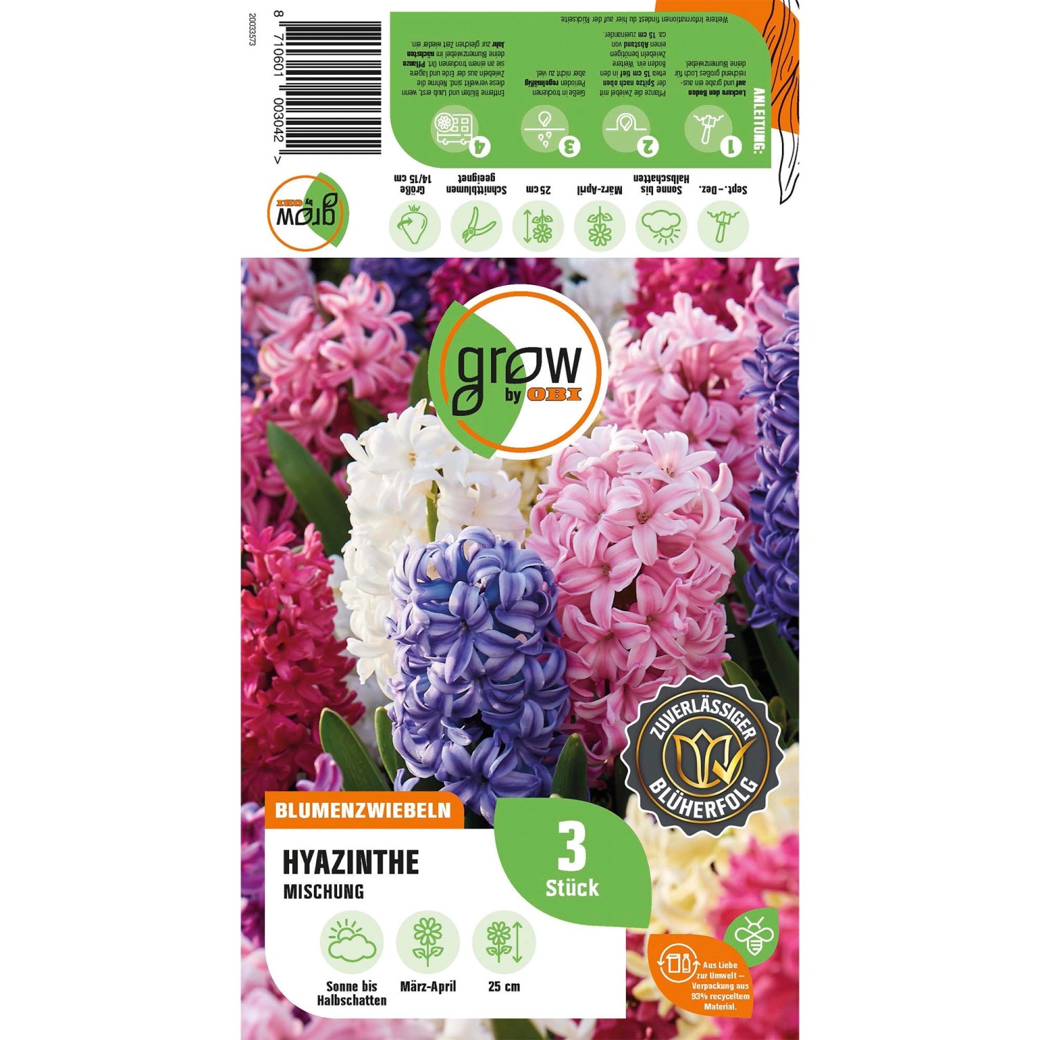 Verpackung GROW by OBI Hyazinthen Mischung, verschiedene Farben. Blumenzwiebeln für Beet und Garten.
