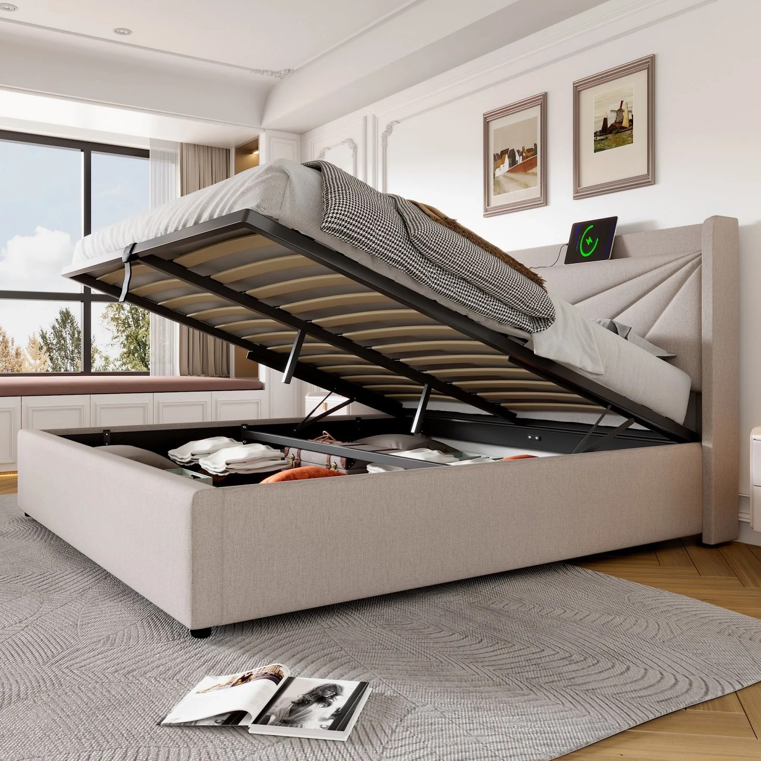 okwish Polsterbett 160x200cm mit Stauraum USB C Jugendzimmer Beige ohne Matratze_6