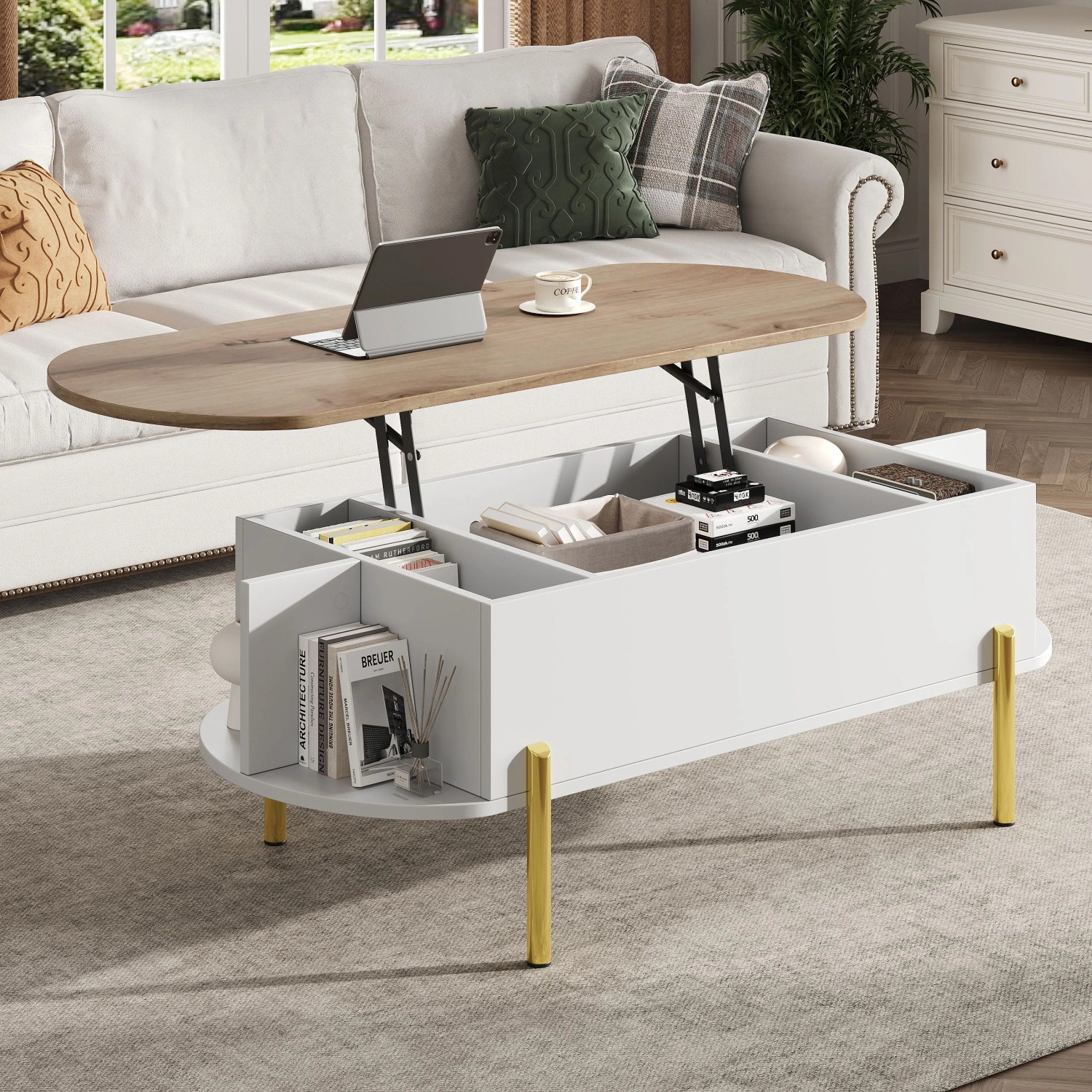 okwish Couchtisch mit HöhenVerstellbarer Platte Stauraum Ablageflächen 120x50x43cm Weiß kaufen bei OBI