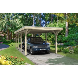 Skan Holz Einzelcarport Spessart aus Leimholz mit Auto im Garten.